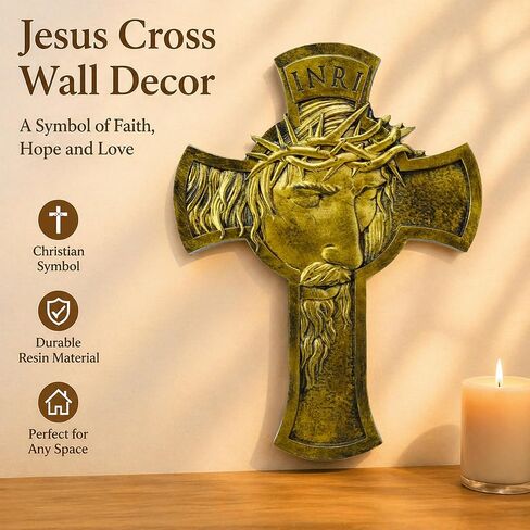 JUXINGDAZYF Large Jesus Cross Wall Decor, 13.5" Crucifix Wall Cross for Home Decor, Gold Christian Wall Art Crucifix for Living Room, Office, Church, Catholic Religious Crosses Sculpture Hanging in Kuwait