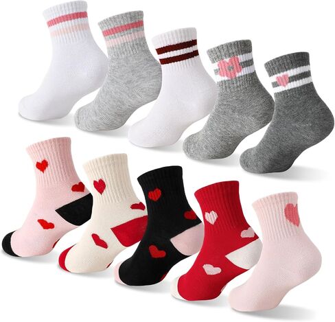 10 Pairs Kids Girls Athletic Socks, Cotton Crew Socks with Heart Stripes for 6-9 Years Old Running Sport Outdoor in Kuwait