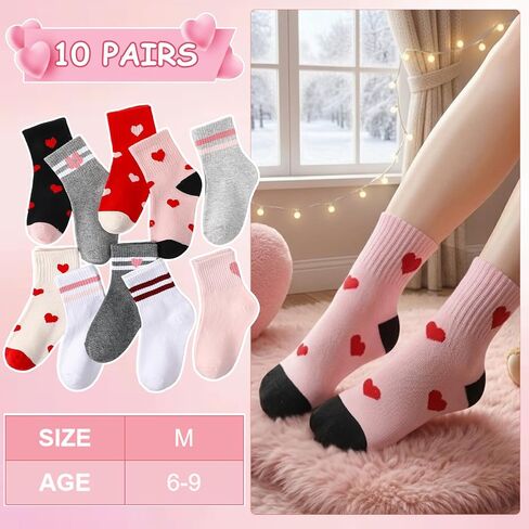 10 Pairs Kids Girls Athletic Socks, Cotton Crew Socks with Heart Stripes for 6-9 Years Old Running Sport Outdoor in Kuwait