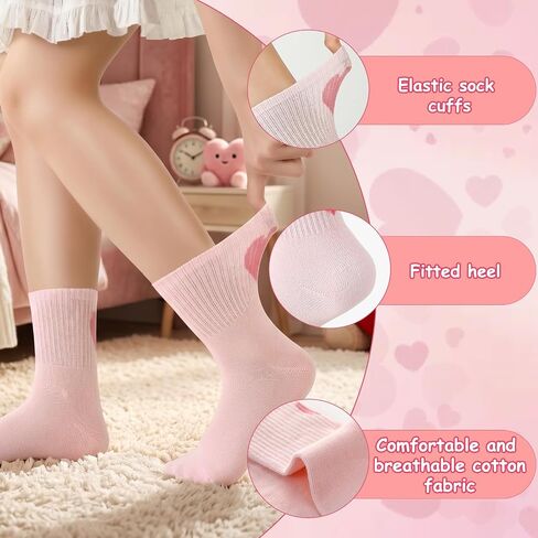 10 Pairs Kids Girls Athletic Socks, Cotton Crew Socks with Heart Stripes for 6-9 Years Old Running Sport Outdoor in Kuwait