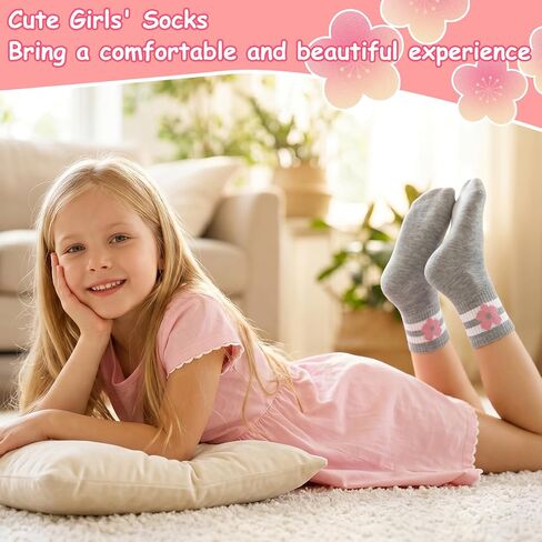 10 Pairs Kids Girls Athletic Socks, Cotton Crew Socks with Heart Stripes for 6-9 Years Old Running Sport Outdoor in Kuwait