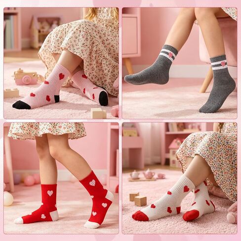 10 Pairs Kids Girls Athletic Socks, Cotton Crew Socks with Heart Stripes for 6-9 Years Old Running Sport Outdoor in Kuwait