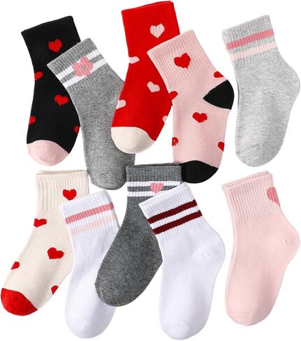 10 Pairs Kids Girls Athletic Socks, Cotton Crew Socks with Heart Stripes for 6-9 Years Old Running Sport Outdoor in Kuwait
