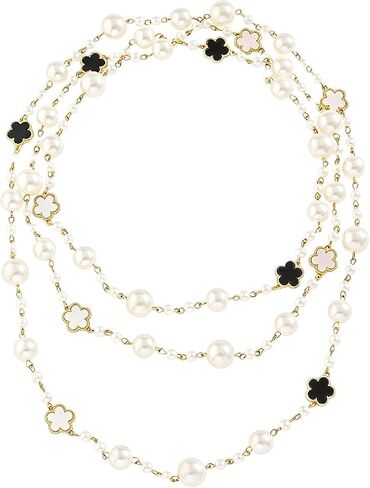 Chic Multi-Layered Pearl Necklace with Golden and Black Flower Accents for Women, Elegant Long Statement Jewelry with Clover Accents, Elegant Statement Piece for Special Occasions in Kuwait