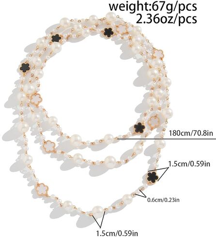 Chic Multi-Layered Pearl Necklace with Golden and Black Flower Accents for Women, Elegant Long Statement Jewelry with Clover Accents, Elegant Statement Piece for Special Occasions in Kuwait