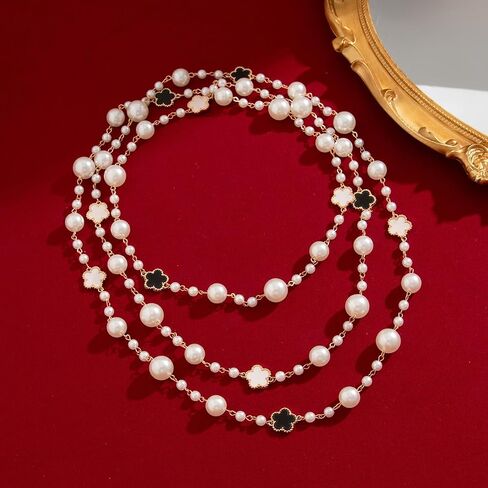 Chic Multi-Layered Pearl Necklace with Golden and Black Flower Accents for Women, Elegant Long Statement Jewelry with Clover Accents, Elegant Statement Piece for Special Occasions in Kuwait