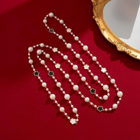 Chic Multi-Layered Pearl Necklace with Golden and Black Flower Accents for Women, Elegant Long Statement Jewelry with Clover Accents, Elegant Statement Piece for Special Occasions in Kuwait