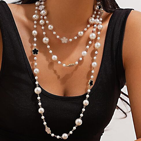 Chic Multi-Layered Pearl Necklace with Golden and Black Flower Accents for Women, Elegant Long Statement Jewelry with Clover Accents, Elegant Statement Piece for Special Occasions in Kuwait