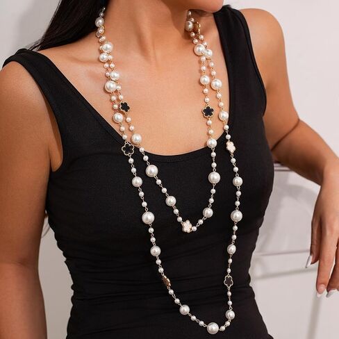 Chic Multi-Layered Pearl Necklace with Golden and Black Flower Accents for Women, Elegant Long Statement Jewelry with Clover Accents, Elegant Statement Piece for Special Occasions in Kuwait