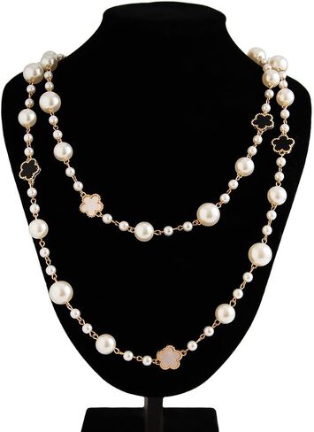 Chic Multi-Layered Pearl Necklace with Golden and Black Flower Accents for Women, Elegant Long Statement Jewelry with Clover Accents, Elegant Statement Piece for Special Occasions in Kuwait