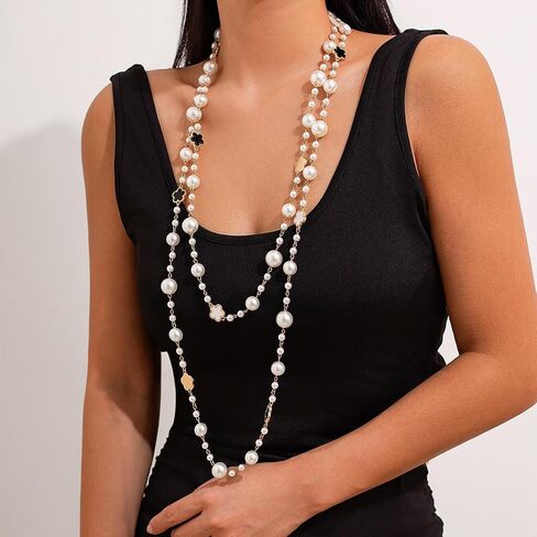 Chic Multi-Layered Pearl Necklace with Golden and Black Flower Accents for Women, Elegant Long Statement Jewelry with Clover Accents, Elegant Statement Piece for Special Occasions in Kuwait