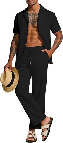 UOUA Mens 2 Piece Linen Set Summer Beach Button Down Short Sleeve Shirt Long Pant Vacation Casual Outfit in Kuwait