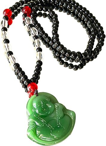 Laughing Buddha Green Jade Stabilized Turquoise Pendant 30" Black White Bead Necklace Carved Long Large Boho Chain Genuine Certified Grade A Jadeite Hand Crafted, Jade Medallion in Kuwait