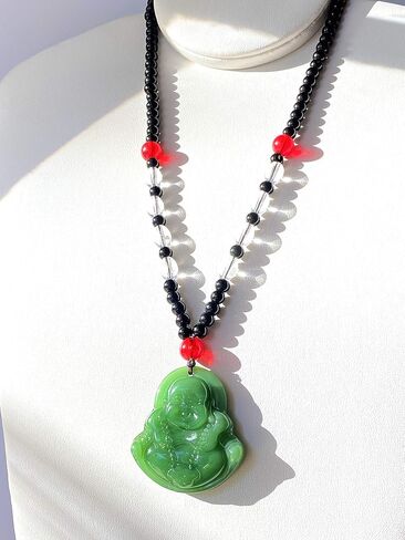 Laughing Buddha Green Jade Stabilized Turquoise Pendant 30" Black White Bead Necklace Carved Long Large Boho Chain Genuine Certified Grade A Jadeite Hand Crafted, Jade Medallion in Kuwait