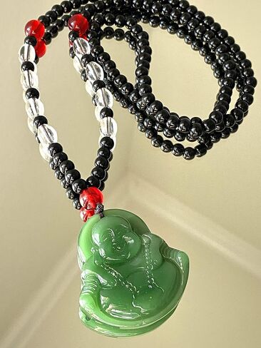 Laughing Buddha Green Jade Stabilized Turquoise Pendant 30" Black White Bead Necklace Carved Long Large Boho Chain Genuine Certified Grade A Jadeite Hand Crafted, Jade Medallion in Kuwait