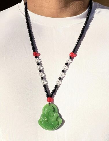 Laughing Buddha Green Jade Stabilized Turquoise Pendant 30" Black White Bead Necklace Carved Long Large Boho Chain Genuine Certified Grade A Jadeite Hand Crafted, Jade Medallion in Kuwait