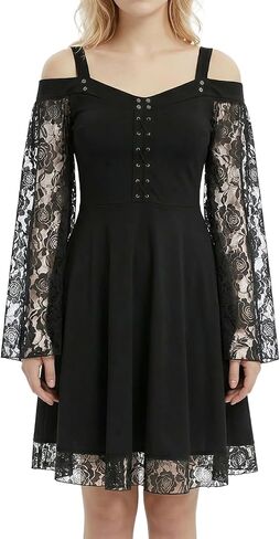 Renaissance Gothic Dress for Women Off Shoulder Lace Trumpet Sleeve Dresses Medieval Steampunk Dress Halloween Costume in Kuwait