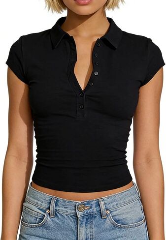 Women Cropped Polo Shirt Y2k Collared V Neck Cap Sleeve Top Sexy Button Up Tight Tee Casual Going Out Workout Shirt in Kuwait