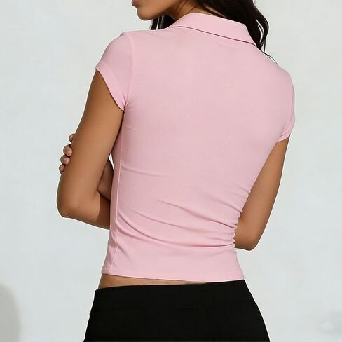 Women Cropped Polo Shirt Y2k Collared V Neck Cap Sleeve Top Sexy Button Up Tight Tee Casual Going Out Workout Shirt in Kuwait