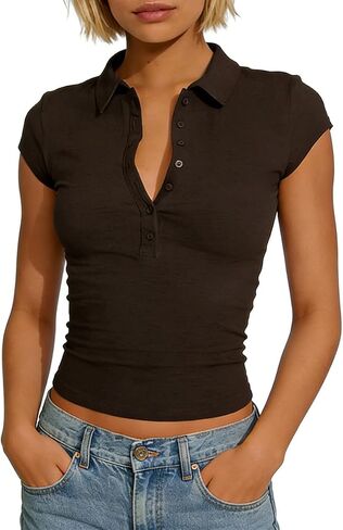 Women Cropped Polo Shirt Y2k Collared V Neck Cap Sleeve Top Sexy Button Up Tight Tee Casual Going Out Workout Shirt in Kuwait