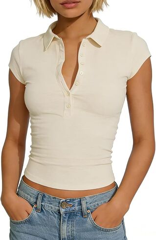 Women Cropped Polo Shirt Y2k Collared V Neck Cap Sleeve Top Sexy Button Up Tight Tee Casual Going Out Workout Shirt in Kuwait