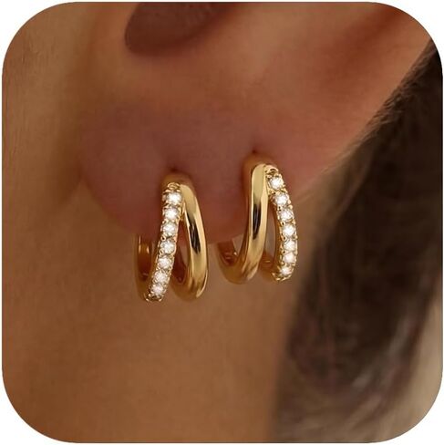 Small Gold Huggie Hoop Earrings for Women, Cubic Zirconia Double Hoops | Hypoallergenic for sensitive ears, non tarnish, dainty lightweight close fit, stacked look for daily wear in Kuwait