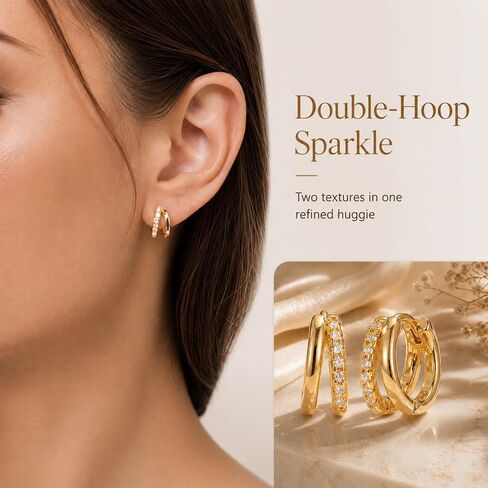 Small Gold Huggie Hoop Earrings for Women, Cubic Zirconia Double Hoops | Hypoallergenic for sensitive ears, non tarnish, dainty lightweight close fit, stacked look for daily wear in Kuwait