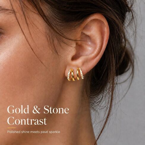 Small Gold Huggie Hoop Earrings for Women, Cubic Zirconia Double Hoops | Hypoallergenic for sensitive ears, non tarnish, dainty lightweight close fit, stacked look for daily wear in Kuwait