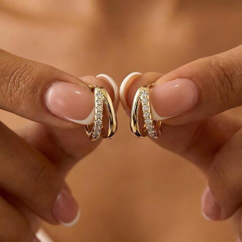 Small Gold Huggie Hoop Earrings for Women, Cubic Zirconia Double Hoops | Hypoallergenic for sensitive ears, non tarnish, dainty lightweight close fit, stacked look for daily wear in Kuwait