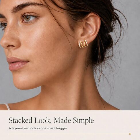 Small Gold Huggie Hoop Earrings for Women, Cubic Zirconia Double Hoops | Hypoallergenic for sensitive ears, non tarnish, dainty lightweight close fit, stacked look for daily wear in Kuwait