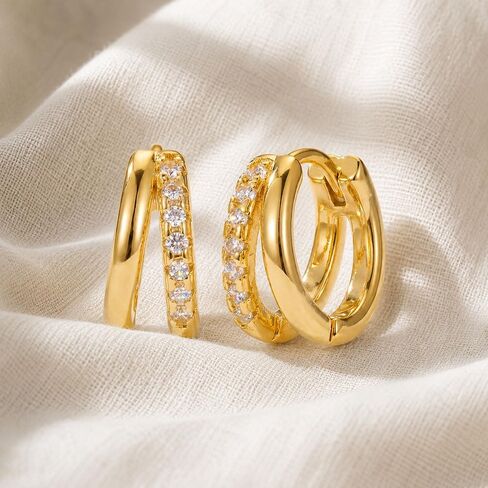 Small Gold Huggie Hoop Earrings for Women, Cubic Zirconia Double Hoops | Hypoallergenic for sensitive ears, non tarnish, dainty lightweight close fit, stacked look for daily wear in Kuwait