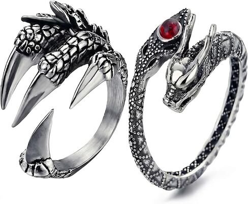 2PCS Vintage Dragon Claw Ring – Stainless Steel Goth Rings for Men Women Gothic Dragon Unique Animal Ring with Diamond Adjustable Open End in Kuwait