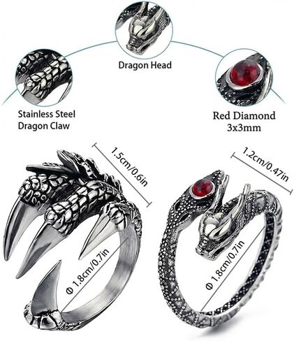 2PCS Vintage Dragon Claw Ring – Stainless Steel Goth Rings for Men Women Gothic Dragon Unique Animal Ring with Diamond Adjustable Open End in Kuwait