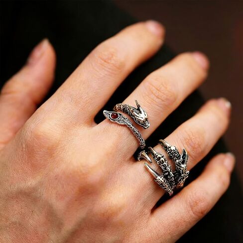 2PCS Vintage Dragon Claw Ring – Stainless Steel Goth Rings for Men Women Gothic Dragon Unique Animal Ring with Diamond Adjustable Open End in Kuwait