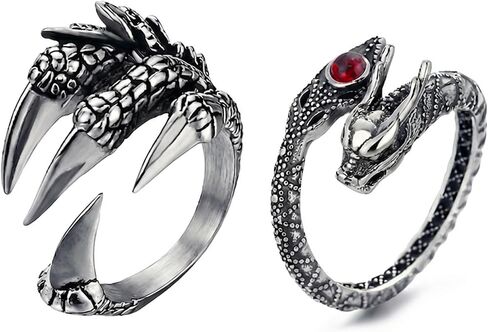 2PCS Vintage Dragon Claw Ring – Stainless Steel Goth Rings for Men Women Gothic Dragon Unique Animal Ring with Diamond Adjustable Open End in Kuwait