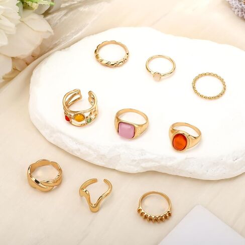 Gold Plated Rings, 9 Piece Vintage Chunky Stackable Finger Rings for Women Thick Ring for Layering on Thumb Women Jewelry Gift in Kuwait