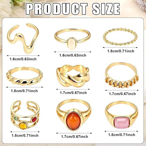 Gold Plated Rings, 9 Piece Vintage Chunky Stackable Finger Rings for Women Thick Ring for Layering on Thumb Women Jewelry Gift in Kuwait