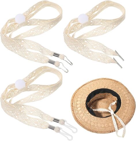 3 PCS Hat Straps for Wind, Adjustable Beige Sun Hats Chin Strap, Lace Chin Cord with Clips, Replacement Lace Windproof Keeper String for Golfing, Fishing, Boating, Sailing in Kuwait