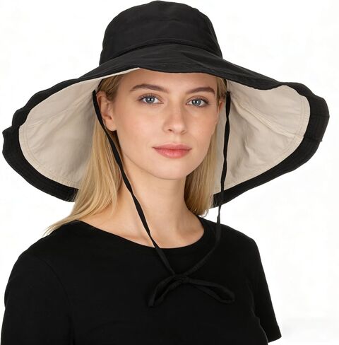 Women's Large Brim Reversible Sun Hats Packable Foldable UV Protection Bucket Hat Metal Wired Edge in Kuwait