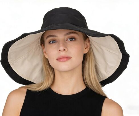 Women's Large Brim Reversible Sun Hats Packable Foldable UV Protection Bucket Hat Metal Wired Edge in Kuwait