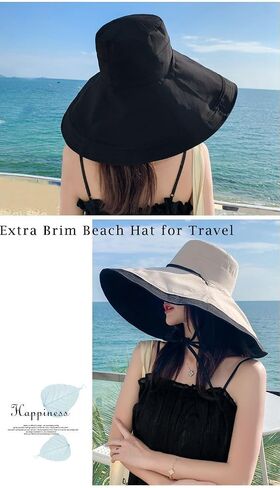 Women's Large Brim Reversible Sun Hats Packable Foldable UV Protection Bucket Hat Metal Wired Edge in Kuwait