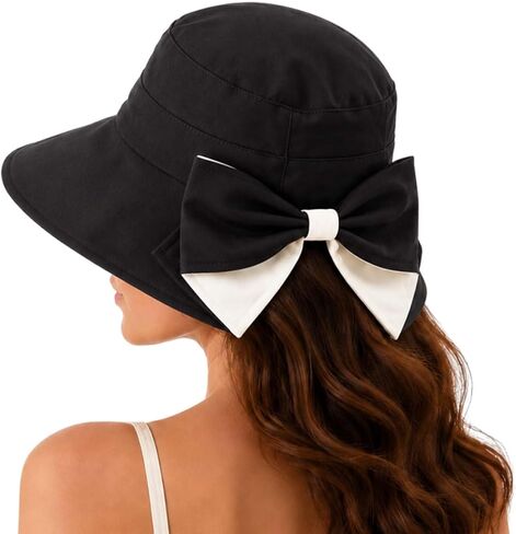 Women's Bowknot Wide Brim Sun Protective Hat, Foldable Sun Hats for Women, Straw Style Bowknot Beach Hat for UV Protection in Kuwait