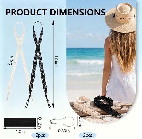 2PCS Adjustable Hat Strap Clips, Windproof Adjustable Wide Lace Chin Cord, Sun Hats Chin Strap Replacement for Sun Hats, Fisherman Hats, Boonie Hats, Wide Brim Fishing Hats Beige, Black in Saudi Arabia