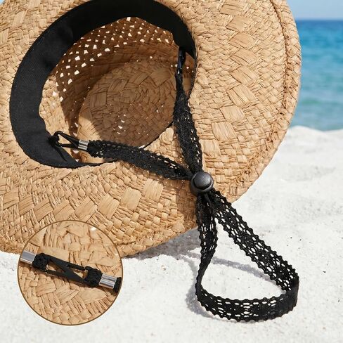 2PCS Adjustable Hat Strap Clips, Windproof Adjustable Wide Lace Chin Cord, Sun Hats Chin Strap Replacement for Sun Hats, Fisherman Hats, Boonie Hats, Wide Brim Fishing Hats Beige, Black in Saudi Arabia