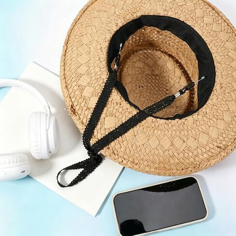 2PCS Adjustable Hat Strap Clips, Windproof Adjustable Wide Lace Chin Cord, Sun Hats Chin Strap Replacement for Sun Hats, Fisherman Hats, Boonie Hats, Wide Brim Fishing Hats Beige, Black in Saudi Arabia