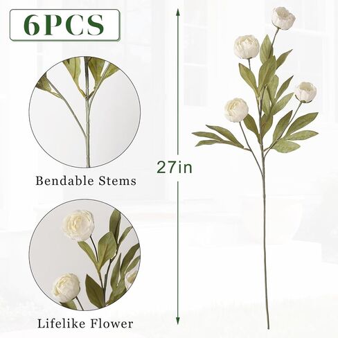 Juxdp 6 PCS Artificial Peony Branches for Vase - 27" Fake Silk Peonies Stems Look Real Faux Flowers for DIY Bouquet, Table Centerpieces, Farmhouse, Home Decor (Cream) in Saudi Arabia