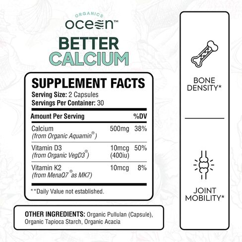 Organics Ocean Better Calcium - Organic Red Algae Calcium with Vitamin D3 and K2 Supplements - Supports Bone Structure, Joint Comfort & Encourages Healthy Aging - Plant-Based, Non-GMO - 1 Pack in Saudi Arabia