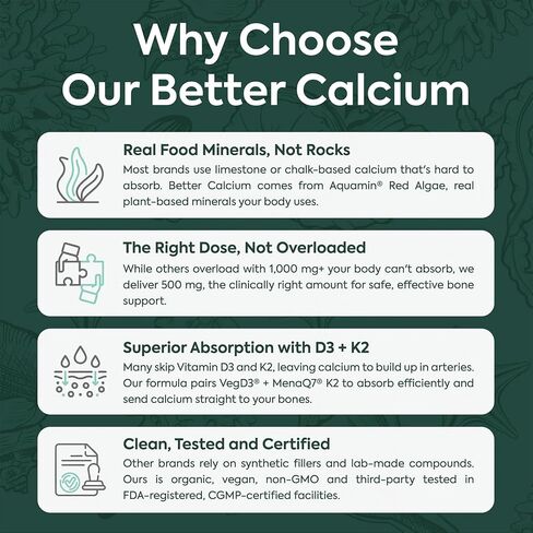 Organics Ocean Better Calcium - Organic Red Algae Calcium with Vitamin D3 and K2 Supplements - Supports Bone Structure, Joint Comfort & Encourages Healthy Aging - Plant-Based, Non-GMO - 1 Pack in Saudi Arabia