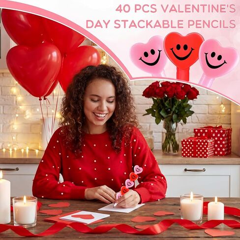 Zonon 40 PCS عيد الحب يوم تكديس أقلامًا قابلة للتكديس للأطفال يبتسمون الابتسامة الوجه للتكديس قلم رصاص تلوين غير تقليدي يوم الأطفال الحاضر للطلاب (Pink ، Red) in Kuwait