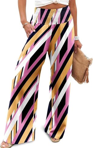 JZC Womens Wide Leg Pants Elastic High Waisted Palazzo Pants Summer Flowy Casual Trousers Beach Travel Vacation Outfits in Saudi Arabia